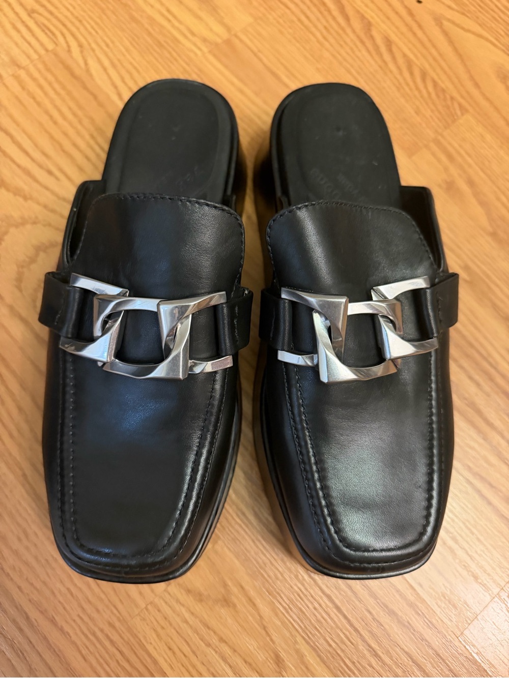 rag & bone Black Leather Slide Loafers with Silver Chain Accent